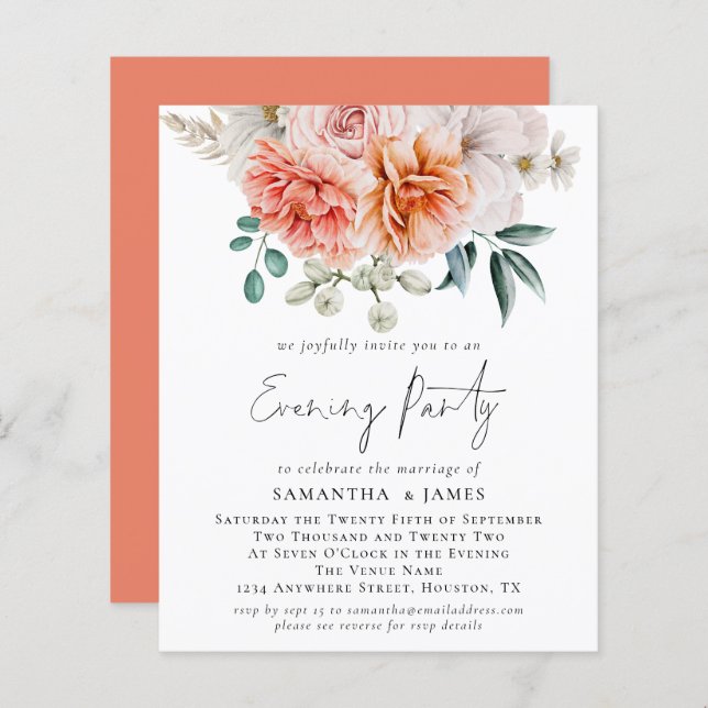 Budget Peonies Coral QR Wedding Evening Party  (Front/Back)