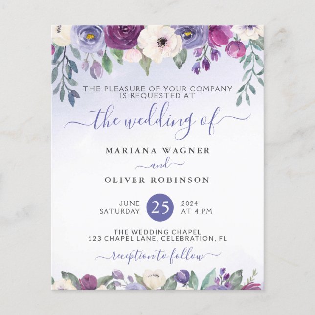 Budget Periwinkle Fuchsia Floral Wedding Invite Flyer (Front)
