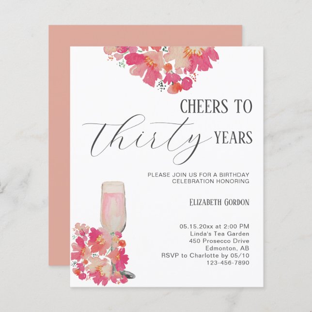 Budget Petals & Prosecco 30th Birthday Floral Pink (Front/Back)