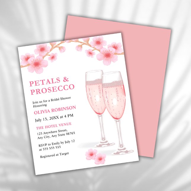 Budget Petals & Prosecco Pink Bridal Shower Invite Flyer (Modern Elegant Petals and Prosecco Pink Watercolor Floral Bridal Shower Invitation    )