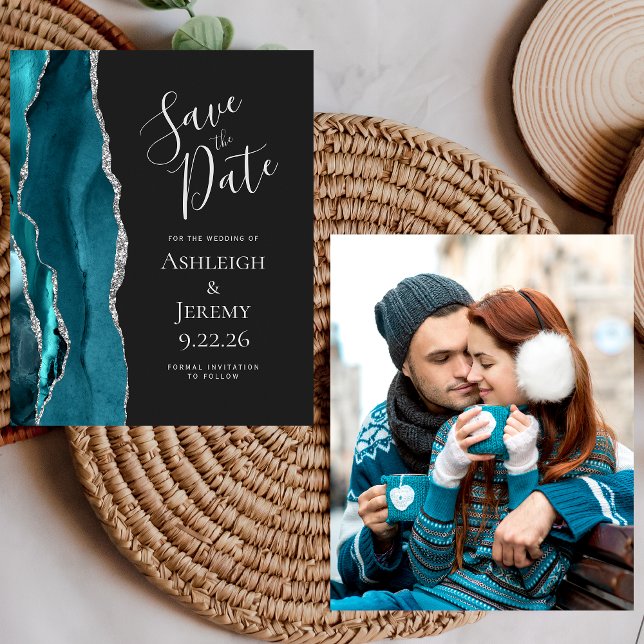 Budget Photo Agate Teal Silver Dark Save the Date (Creator Uploaded)