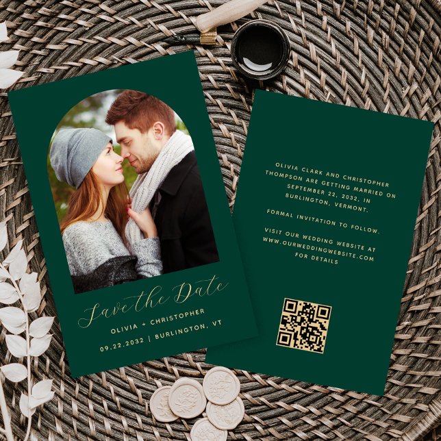 Budget Photo Arch Emerald Gold QR Save the Date (Creator Uploaded)