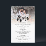 Budget Photo Artsy Script Wedding Menu<br><div class="desc">Budget Photo Artsy Script Wedding Menu. A LARGER size 5.5” x 8.5” at a budget price,  An informal set typography in black for the main heading Menu complementing the rest of the text which you can easily personalise. Replace the sample photo with your own favourite.</div>
