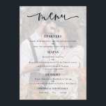 Budget Photo Background Script Wedding Menu Card<br><div class="desc">Modern Photo Transparent Overlay Script Wedding Menu.  An informal set typography in black for the main heading Menu complementing the rest of the text which you can easily personalise. Replace the sample photo which is tinted in the background with your own favourite.</div>