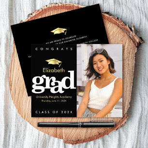 Budget Photo Black Gold Cap Graduation Invitation 