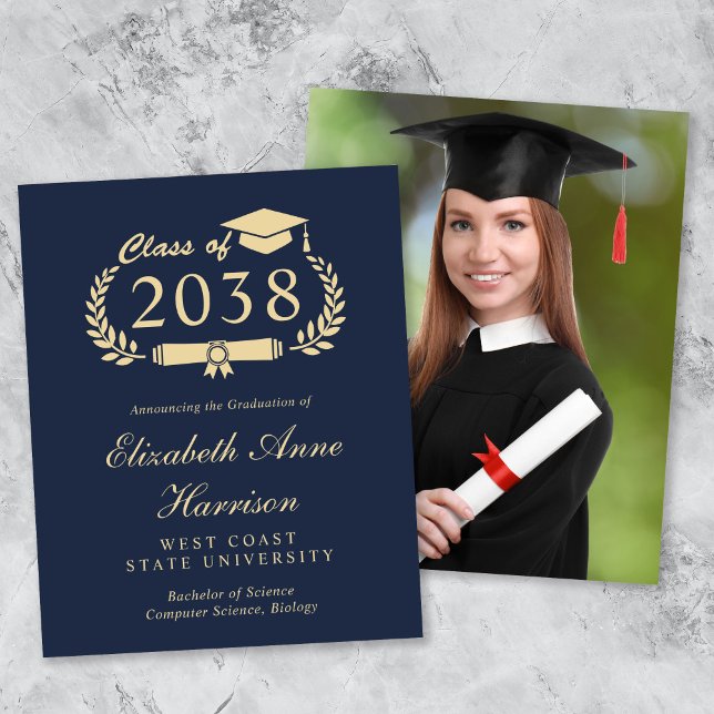 Budget Photo Blue Gold Graduation Announcement (An elegant college graduation announcement to celebrate the graduate's achievements)