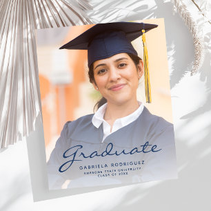 Budget Photo Blue Script Graduation Announcement