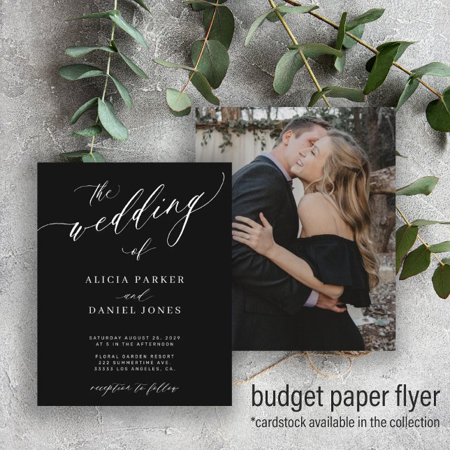 Budget photo chic script black wedding invitation flyer (Creator Uploaded)