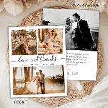 Budget Photo Collage Wedding Thank You Script Card<br><div class="desc">Budget, Modern, Elegant, Hand Lettered Wedding (3) Three Photo Collage Thank You personalized affordable low budget thin card. Stylish wedding thank you card template featuring three photo on the front and one photo on the back. ***PLEASE NOTE! *** BUDGET PAPER/FLYER IS PAPER THIN. *** UPGRADE THE PAPER FOR A THICKER...</div>