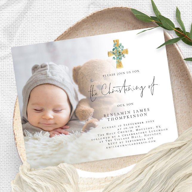 Budget Photo Eucalyptus Cross Christening Invite (Creator Uploaded)