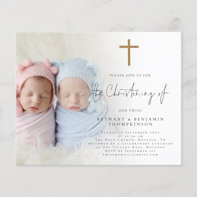 Budget Photo Gold Cross Twins Christening Invite (Front)