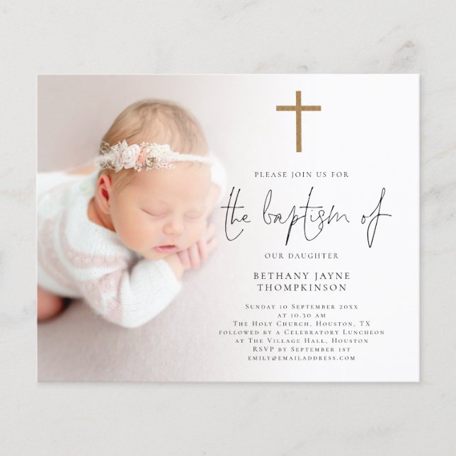 Budget Photo Gold Glitter Cross Baptism Invite (Front)