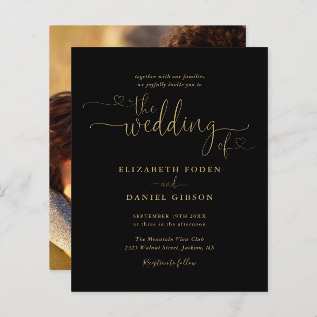 Budget Photo Gold Hearts Script Wedding Invitation (Front/Back)