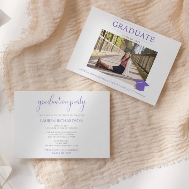 Budget Photo Graduation Party Purple & White Invitation (Creator Uploaded)