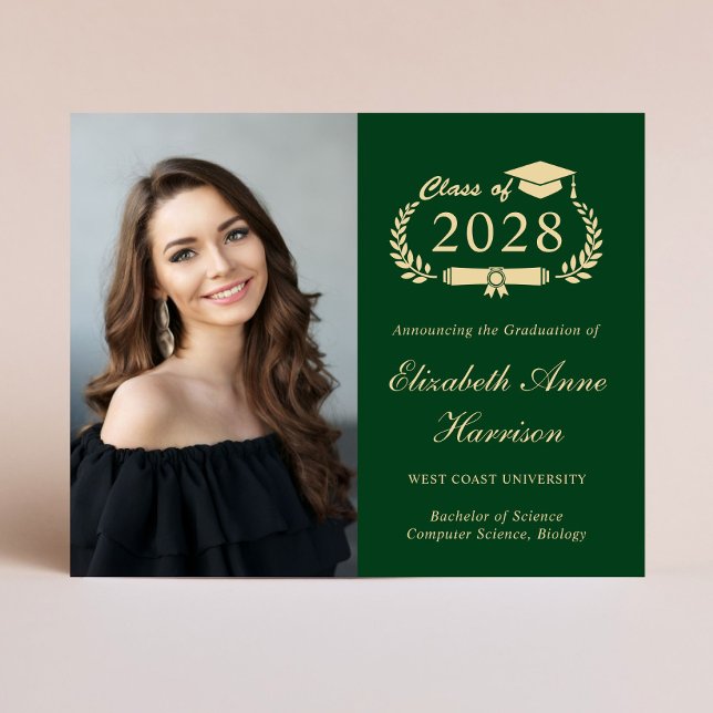 Budget Photo Green College Graduation Announcement (An elegant budget-friendly college graduation announcement to celebrate the graduate's achievements)