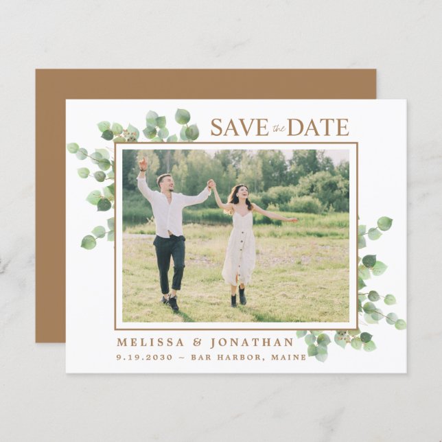 Budget Photo Greenery Leaves QR Code Save The Date (Front/Back)