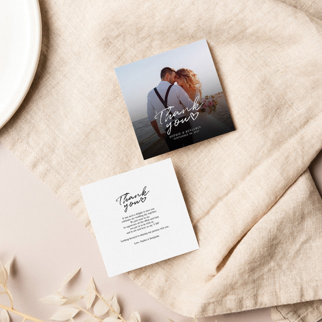 Budget Photo Hand-Lettered Wedding Thank You Card (Wedding Photo Thank You Square Mini Notecard)