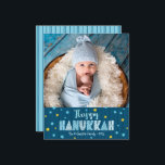 Budget Photo Happy Hanukkah Blue Gold Stars Card<br><div class="desc">“Happy Hanukkah.” Fun, playful, whimsical handcrafted typography and a random Star of David pattern in light turquoise blue and faux gold foil, overlaying dark navy blue hand drawn lines on a navy blue background, along with the photo of your choice, help you usher in Hanukkah. Hand drawn navy blue lines...</div>