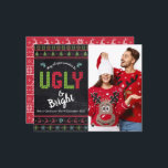 Budget Photo Holiday Ugly Sweater Chalkboard Card<br><div class="desc">“May all your sweaters be ugly & bright.” Celebrate the holidays in “style” with your ugliest, tackiest Christmas sweaters! On the left side, cute, whimsical trees, reindeer, ornaments, and playful “sweater” typography in red, green and aqua blue, overlay a chalkboard background. Your custom photo is on the right. A white...</div>