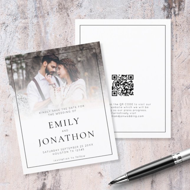 Budget Photo Line QR Code Wedding Save The Date (Front and back view. Smaller budget price alternative. Part of a large wedding collection )