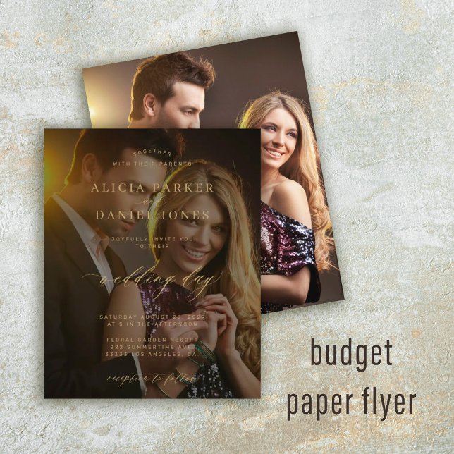 Budget photo overlay gold wedding invitation flyer (Creator Uploaded)