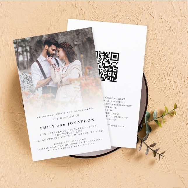 Budget Photo Overlay QR Code Wedding Invite (Front and back view, luxury foil printing)