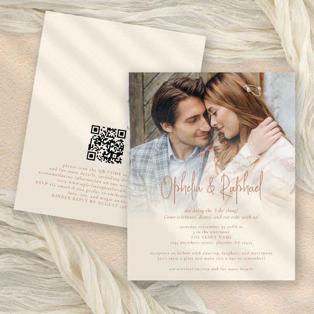 Budget Photo Overlay QR Terracotta Cream Wedding (Front and back view. Smaller 4.5 x 5.6" budget price invitation)