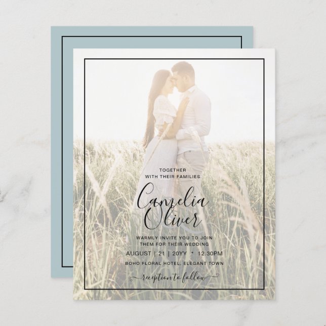BUDGET Photo Overlay Sea Glass Sage Wedding Invite (Front/Back)
