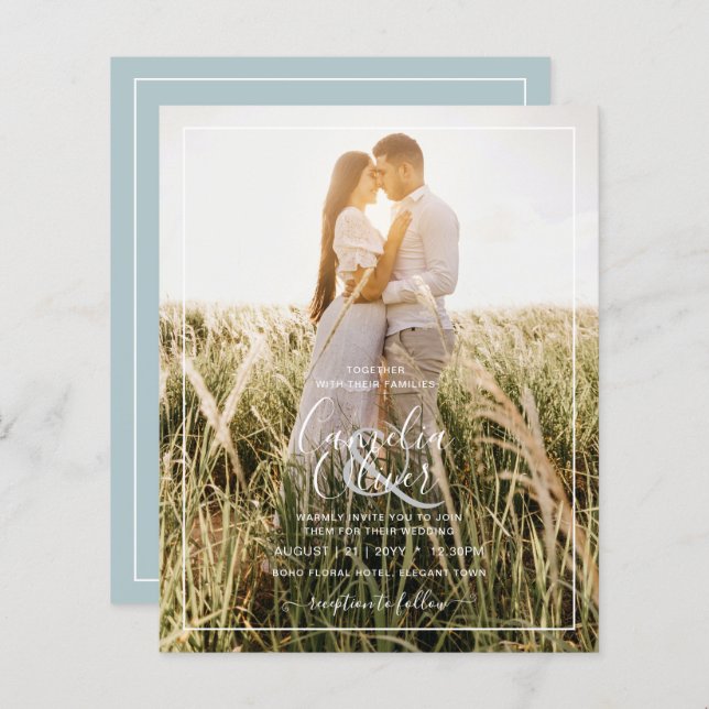 BUDGET Photo Overlay Sea Glass Sage Wedding Invite (Front/Back)