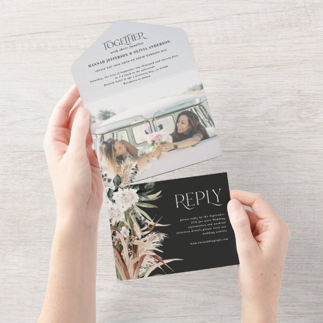 Budget photo pampas eucalyptus wedding  all in one invitation (Tearaway)