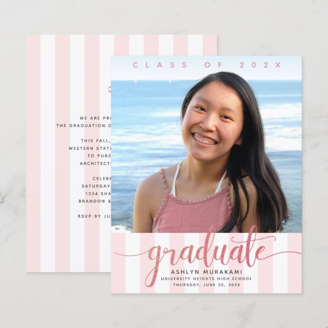 Budget photo pink glitter script graduation invite (Front/Back)
