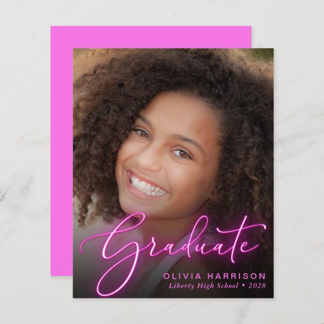 Budget Photo Pink Neon Graduation Announcement (Front/Back)