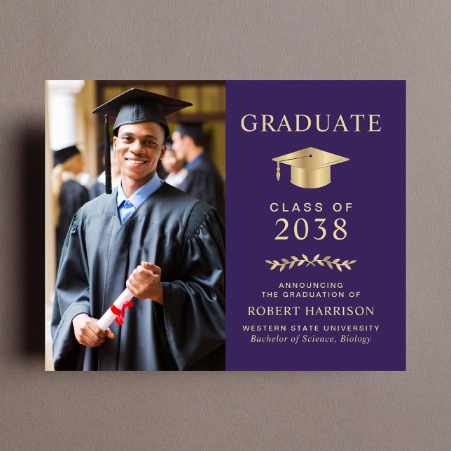 Budget Photo Purple Gold Graduation Announcement (An elegant college graduation announcement to celebrate the graduate's achievements)
