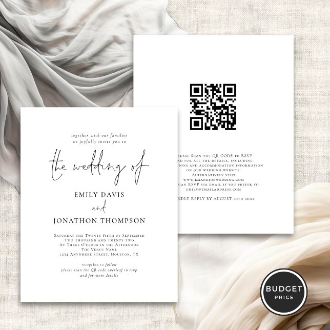 Budget Photo QR Code Elegant Script Wedding Invite (Front and back view)