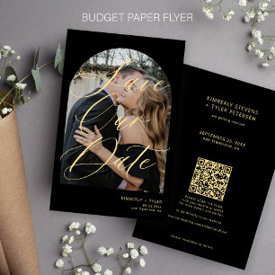 Budget photo QR code gold black wedding save date Flyer