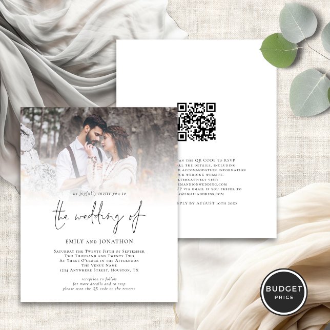 Budget Photo QR Code Script Wedding Invitation (Front and back view)