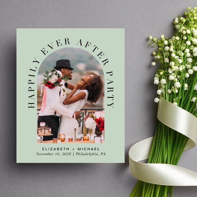 Budget Photo Sage Green Wedding Reception Invite (Celebrate your love story with an invitation showcasing your favorite photo in an elegant arch frame)