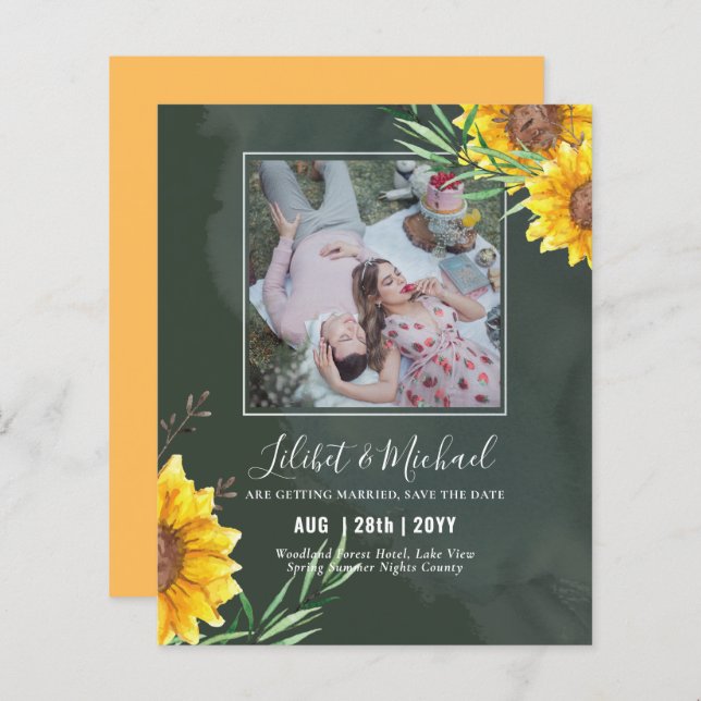 BUDGET Photo Save Date or Wedding Rustic Sunflower (Front/Back)