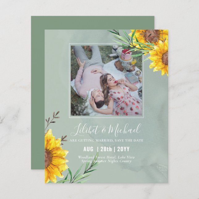 BUDGET Photo Save Date or Wedding Rustic Sunflower (Front/Back)