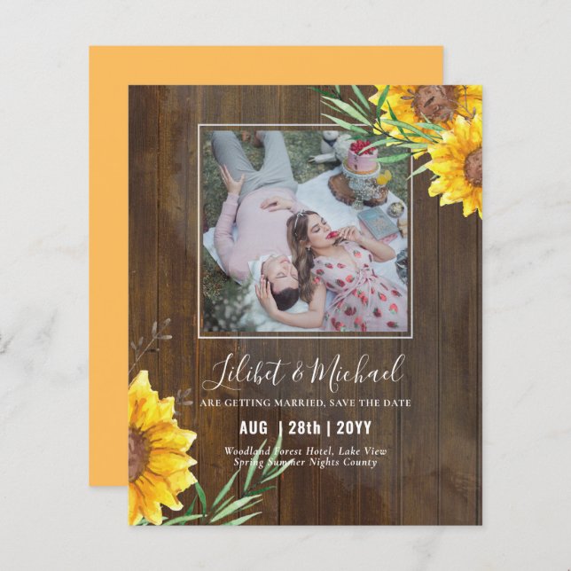 BUDGET Photo Save Date or Wedding Rustic Sunflower (Front/Back)