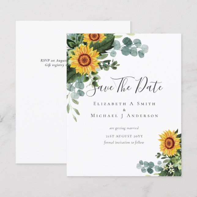 BUDGET  Photo Save Date Rustic SUNFLOWERS Greenery (Front/Back)