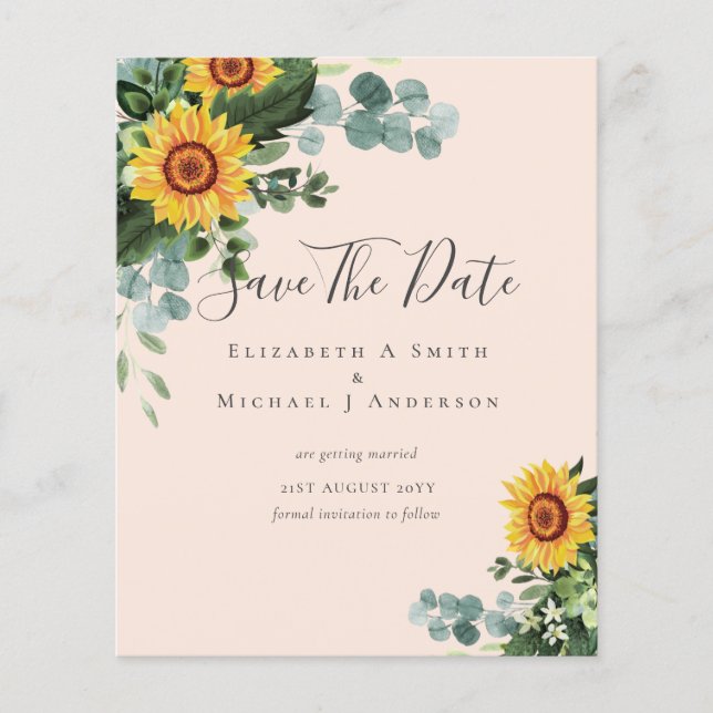 BUDGET  Photo Save Date Rustic SUNFLOWERS Greenery Flyer (Front)