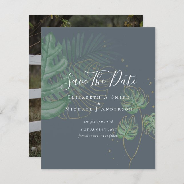 BUDGET Photo SAVE DATES Topical Leaves Gold (Front/Back)
