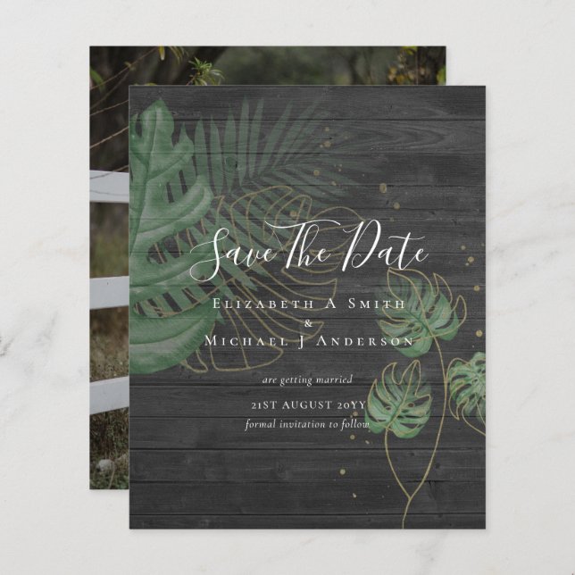 BUDGET Photo SAVE DATES Topical Leaves Gold (Front/Back)