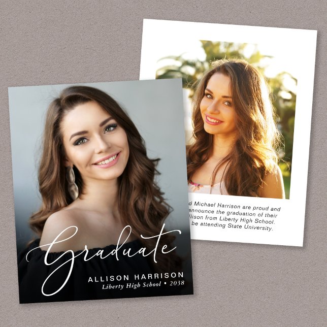 Budget Photo Script Graduation Announcement (An elegant photo graduation announcement to celebrate the graduate's achievements)