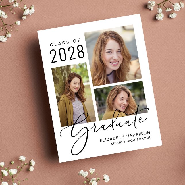 Budget Photo Script Graduation Announcement (An elegant photo collage graduation announcement to celebrate the graduate's achievements)