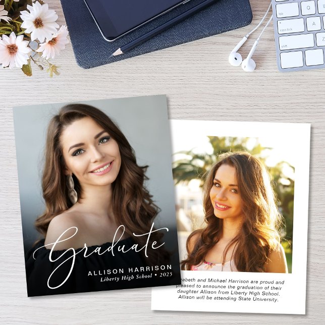 Budget Photo Script Graduation Announcement (An elegant photo graduation announcement to celebrate the graduate's achievements)