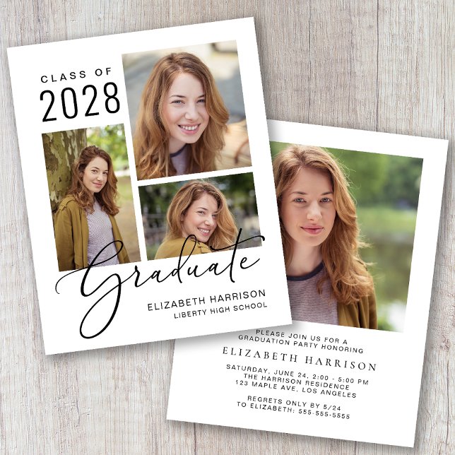 Budget Photo Script Graduation Party Invitation (An elegant photo graduation party invitation to celebrate the graduate's achievements)