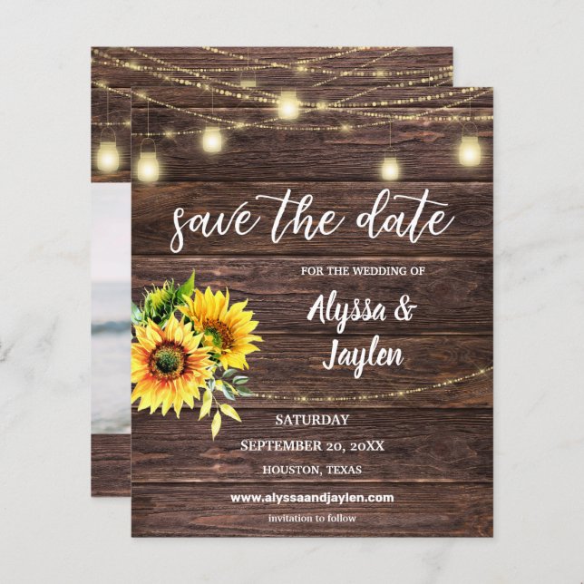 Budget Photo Sunflower Wood & Lights Save the Date (Front/Back)