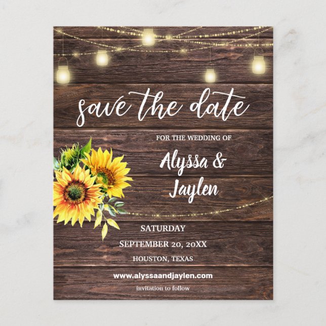 Budget Photo Sunflower Wood & Lights Save the Date Flyer (Front)